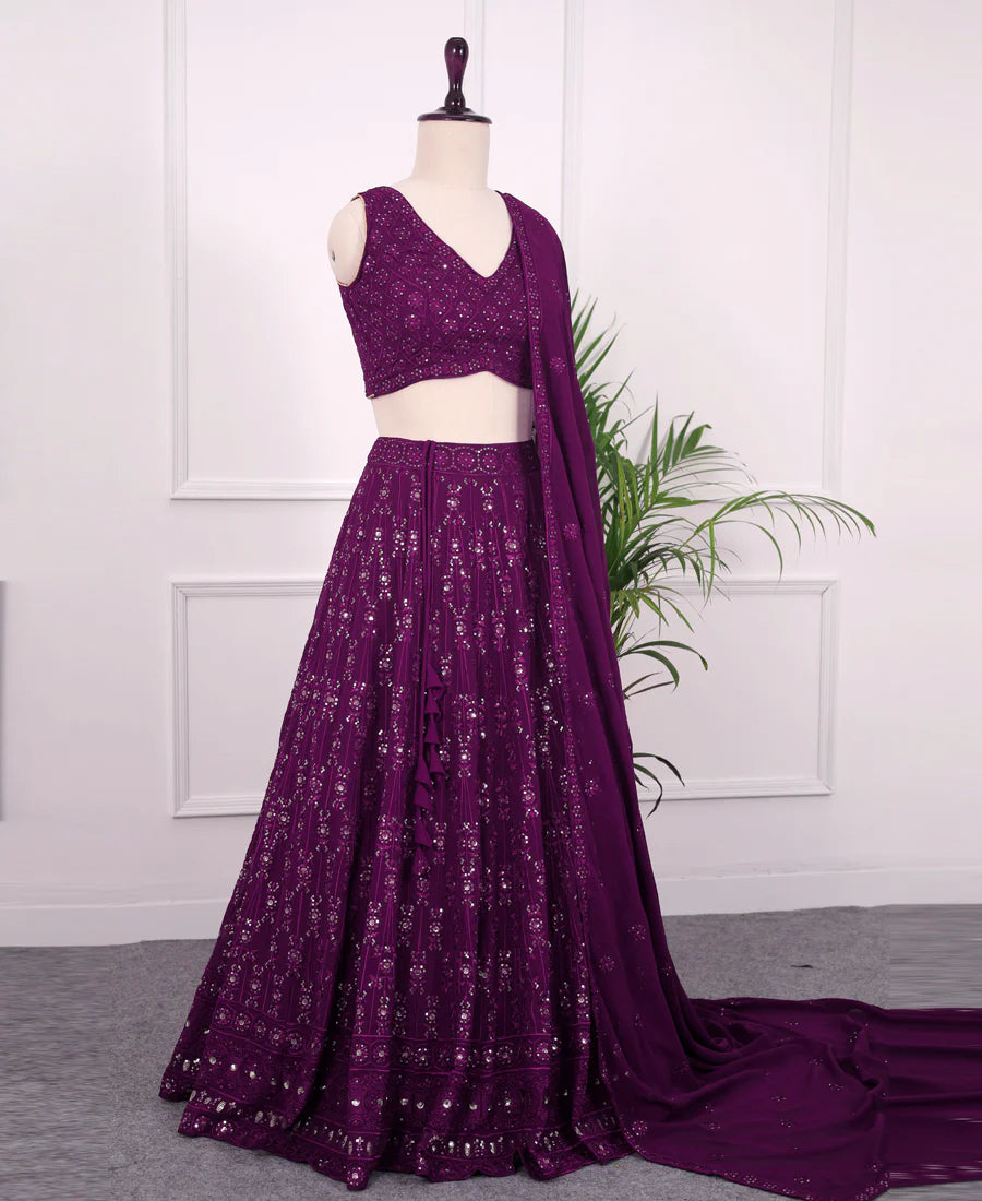Festive Wine Georgette Sequins Lehenga Choli for Weddings & Events