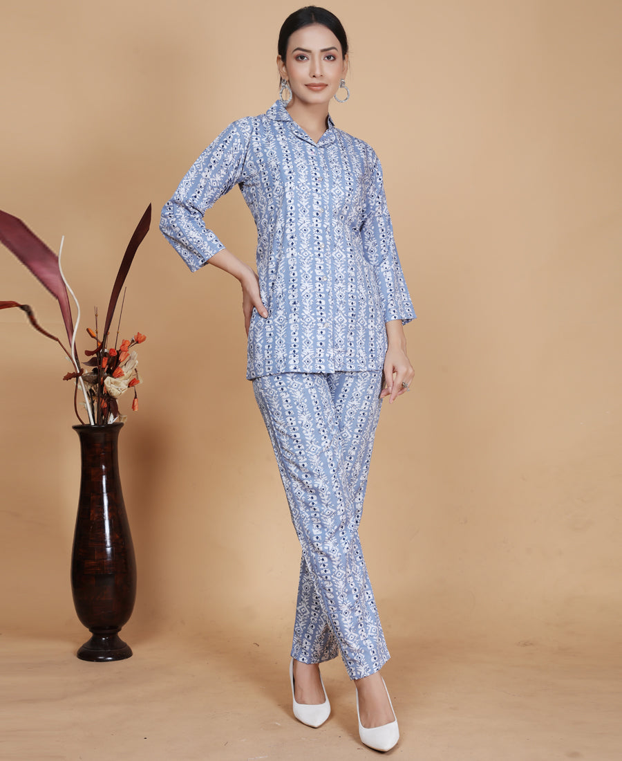 Beautiful Sky Blue Color Floral Printed Co-Ord Set