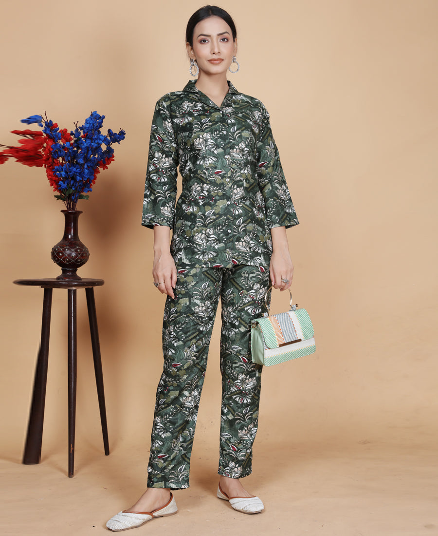 Adorable Green Color Floral Printed Cotton Co-Ord Set