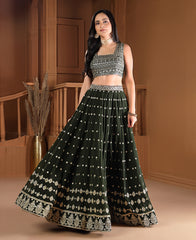 Dark Green Color Sequins Embroidery Work Semi-Stiched Lehenga Choli