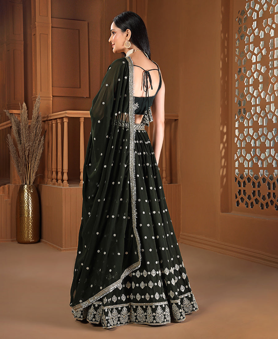 Dark Green Color Sequins Embroidery Work Semi-Stiched Lehenga Choli