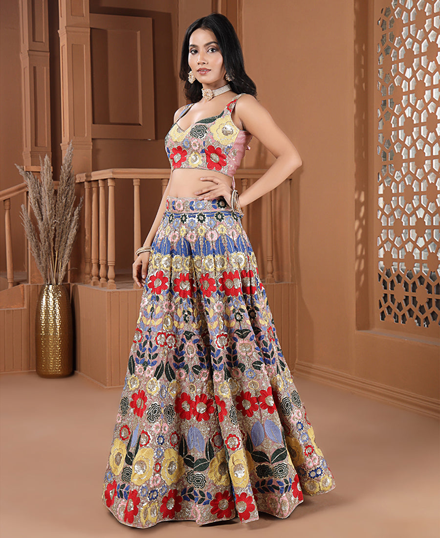 Multi Color Fendi Fabric Sequins and Thread work Lehenga Choli