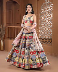 Multi Color Fendi Fabric Sequins and Thread work Lehenga Choli