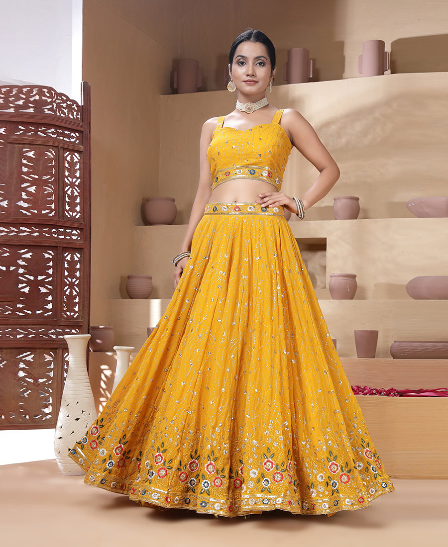 Yellow Color Sequins and Multi Thread Work Lehenga Choli