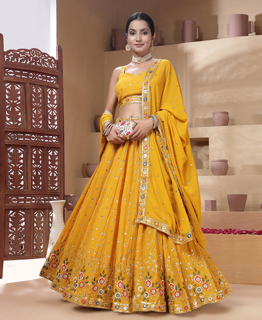 Yellow Color Sequins and Multi Thread Work Lehenga Choli