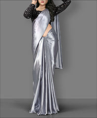 Plain Grey Color Satin Silk Saree With Velvet Sequence Work Blouse