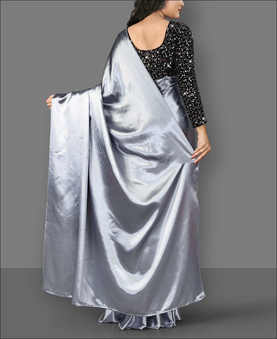 Plain Grey Color Satin Silk Saree With Velvet Sequence Work Blouse