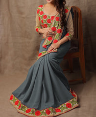 JF - Floral Grey Georgette Ribbon-Work Beautiful Saree