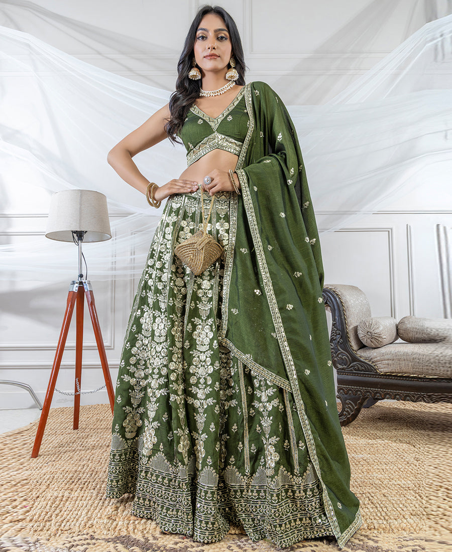 Green color Vichitra Silk Sequins and Zari Work Lehenga Choli