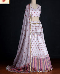 Party Wear White Colored Silk Printed Crushed Lehenga Choli