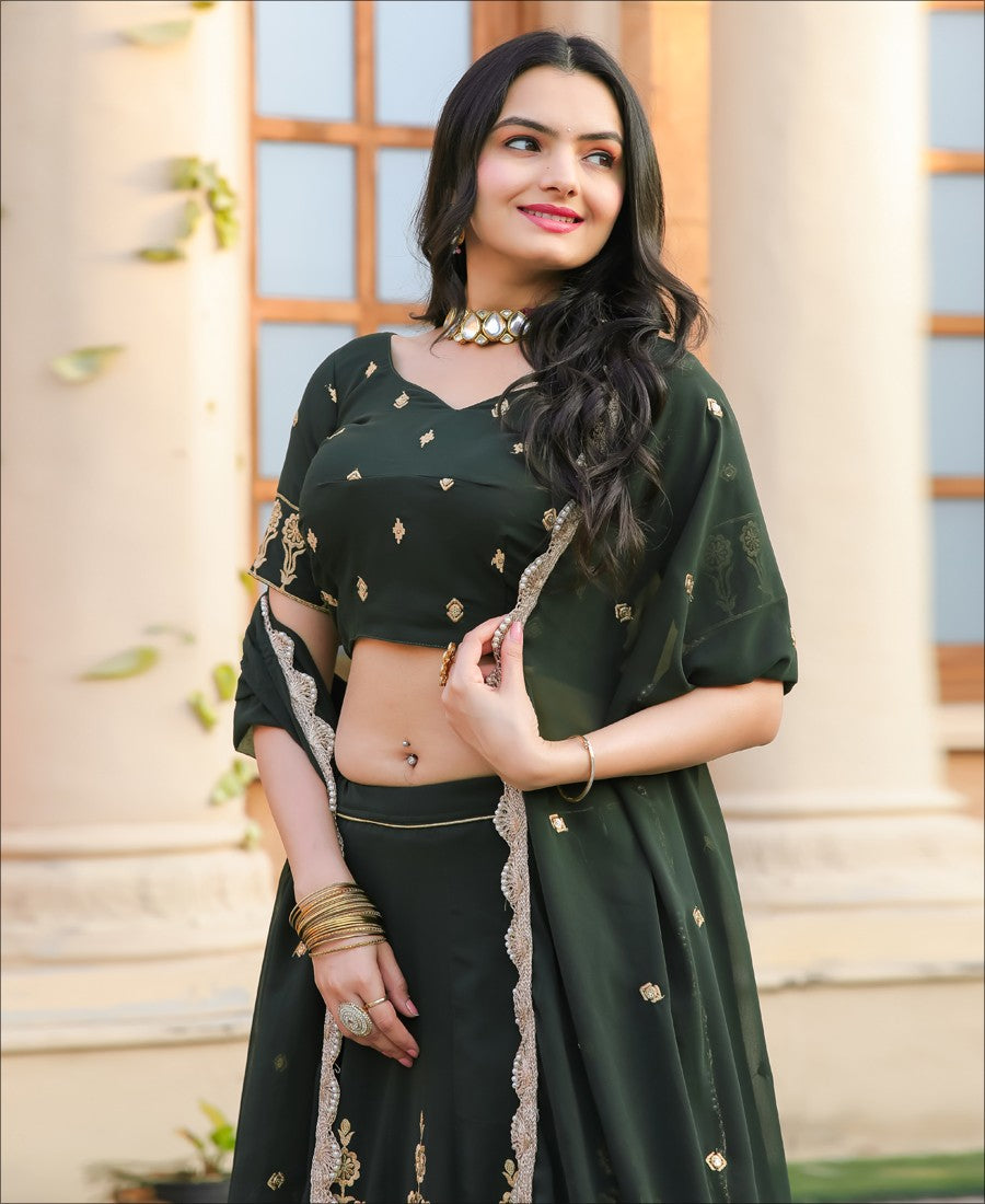 Party Wear Designer Georgette Sequence Work Dark Green Lehenga choli