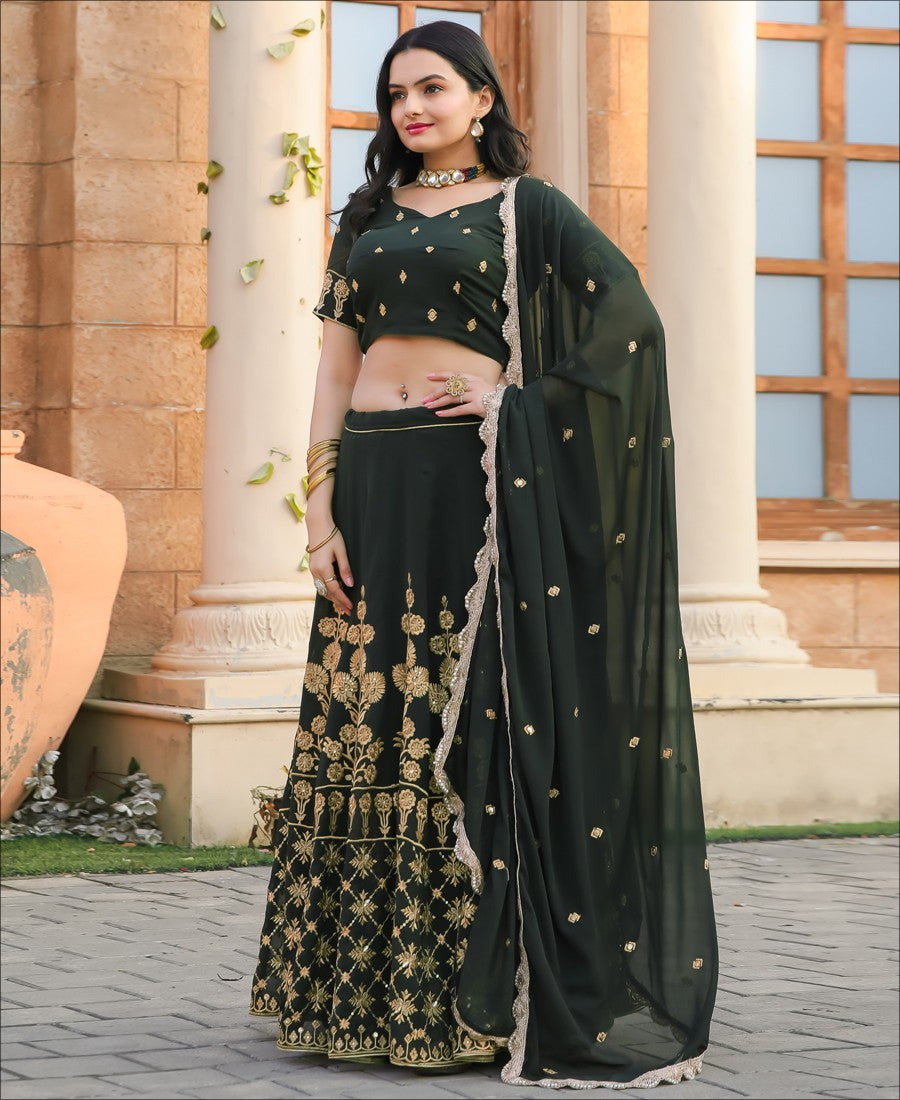 Party Wear Designer Georgette Sequence Work Dark Green Lehenga choli