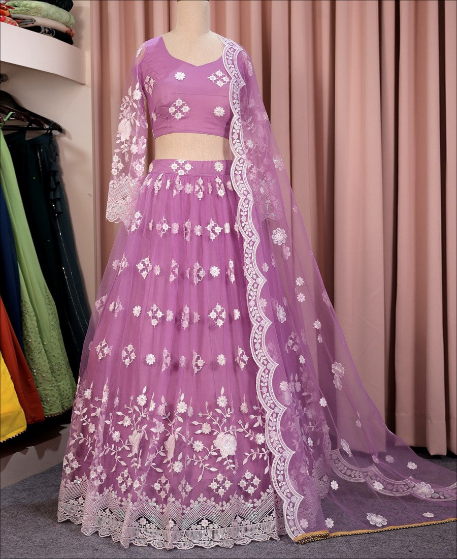 Lavender Color Soft Net Sequence and Thread Work Lehenga choli