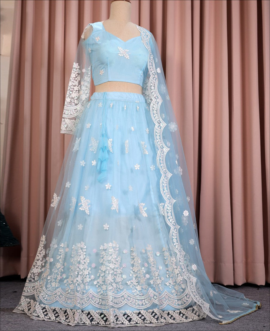 Sky Blue Color Soft Net Sequence and Thread Work Lehenga choli