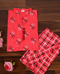 Red Printed Cotton Kurti Set