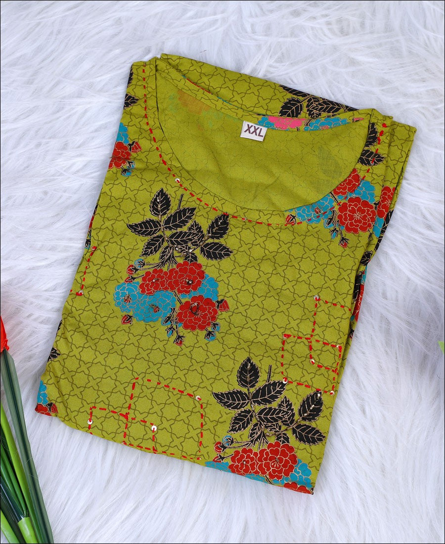 Mehandi Green Coloured Cotton Block Print With Hand Work Kurti