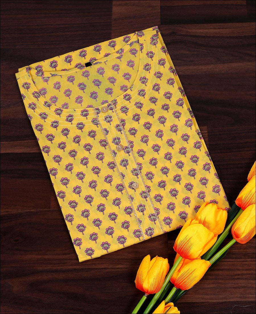 Yellow Coloured Cotton Printed Kurti