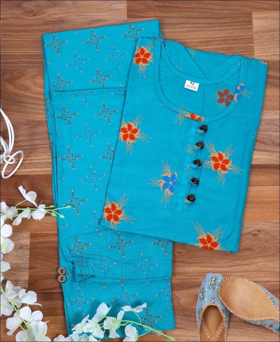 Aqua Blue Cotton Block Print Kurti Set