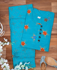 Aqua Blue Cotton Block Print Kurti Set