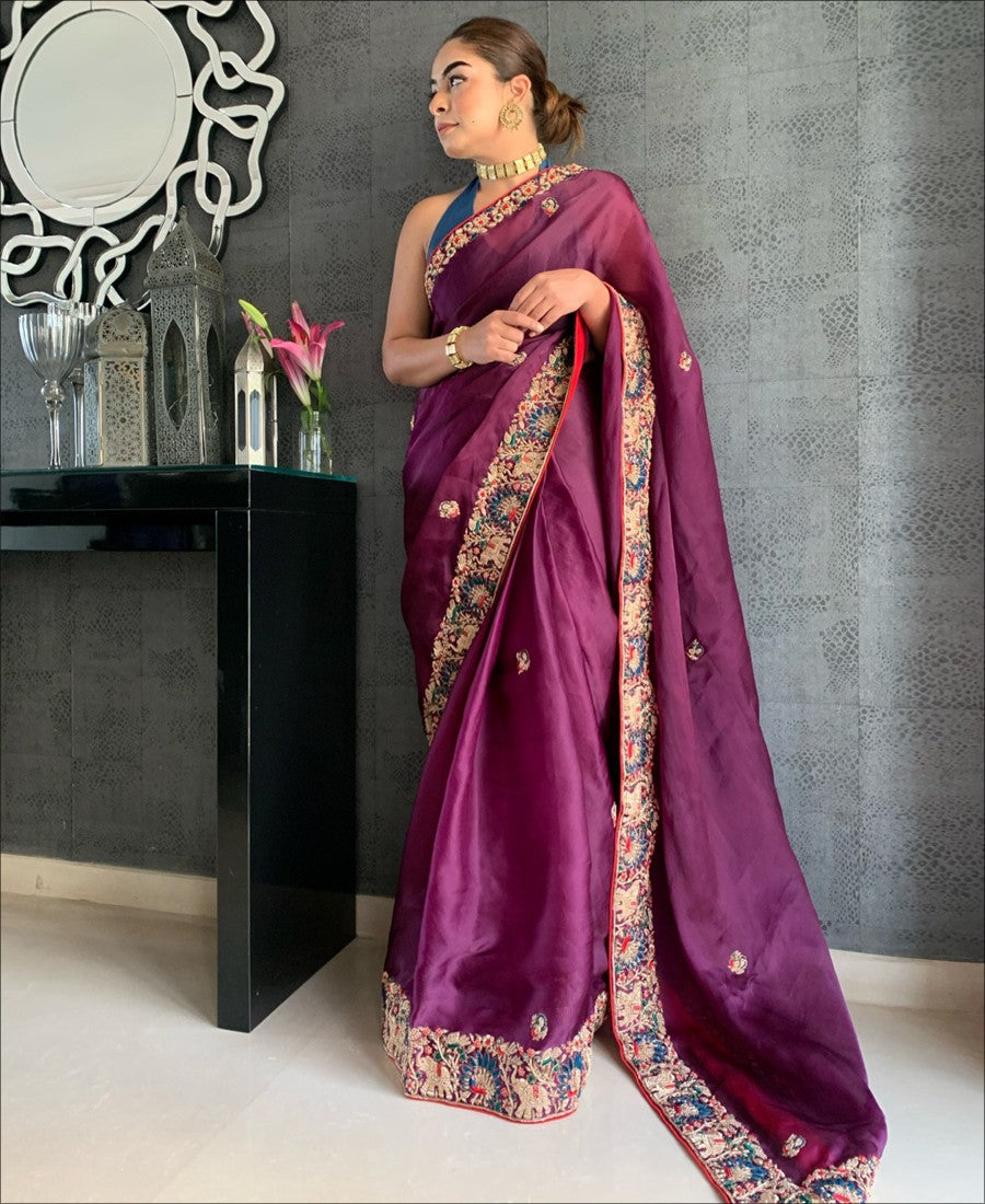 RE Wine Party Wear Designer Kasturi Silk Saree