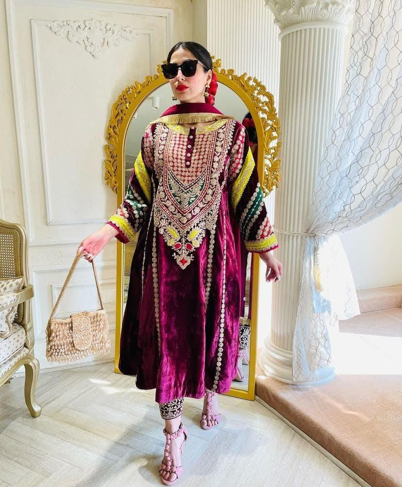 RE - Wine Colored Velvet Designer Salwar Suit