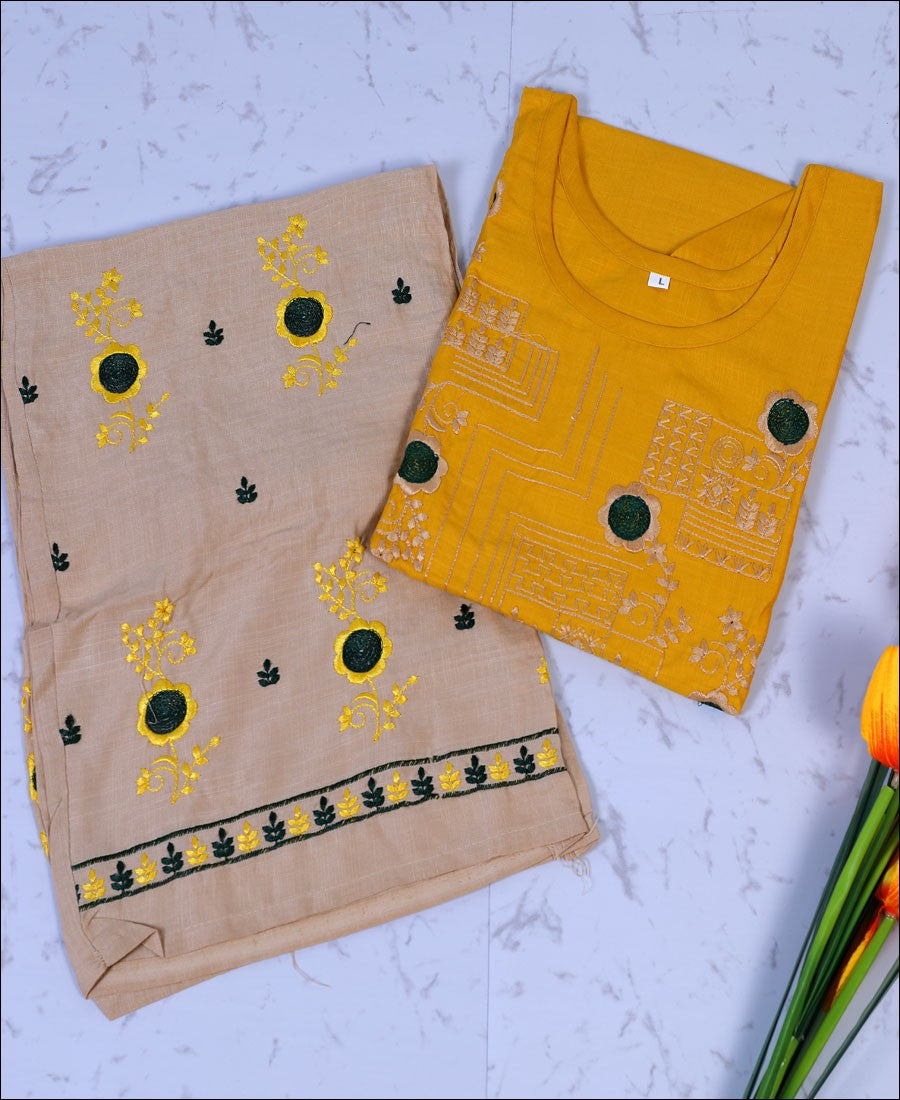 Yellow Rayon embroidery work Kurti Set