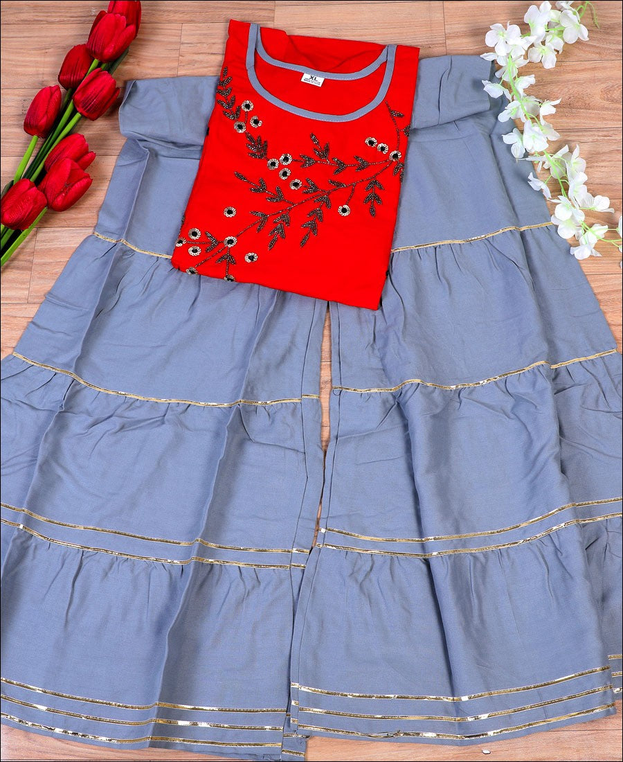 Red Rayon Hand Work Kurti Set