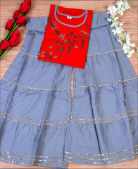 Red Rayon Hand Work Kurti Set