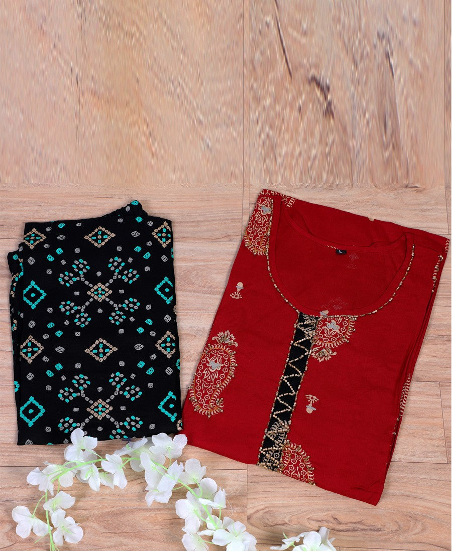 Red Rayon Block print with moti hand Work Kurti Set