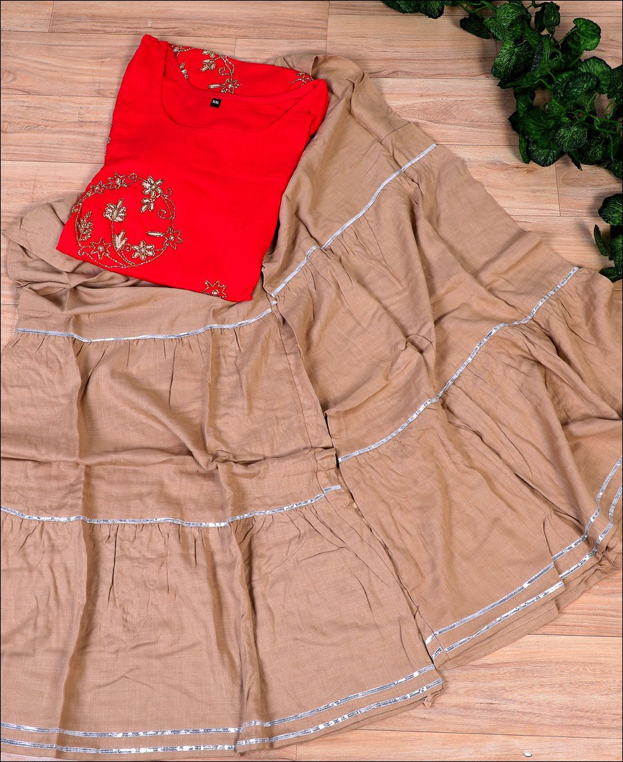 Red Rayon Zardoshi With Gota Pati Work Kurti Set