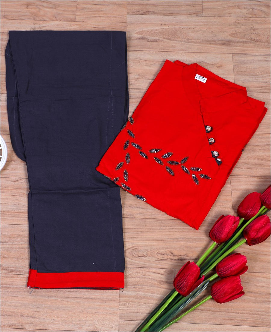 Red Coloured Cotton Hand Work Kurti Set