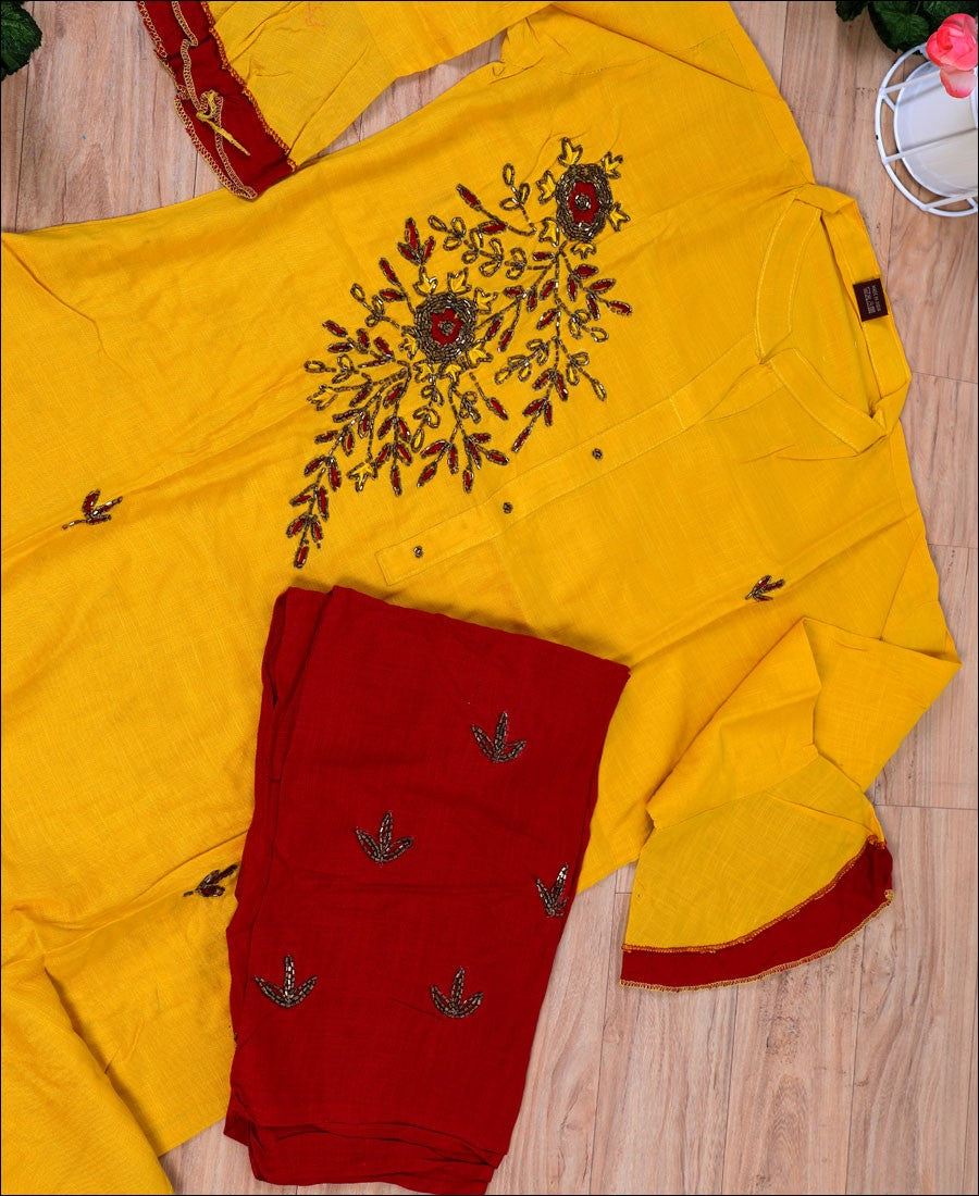 Yellow Rayon zardoshi work Kurti Set