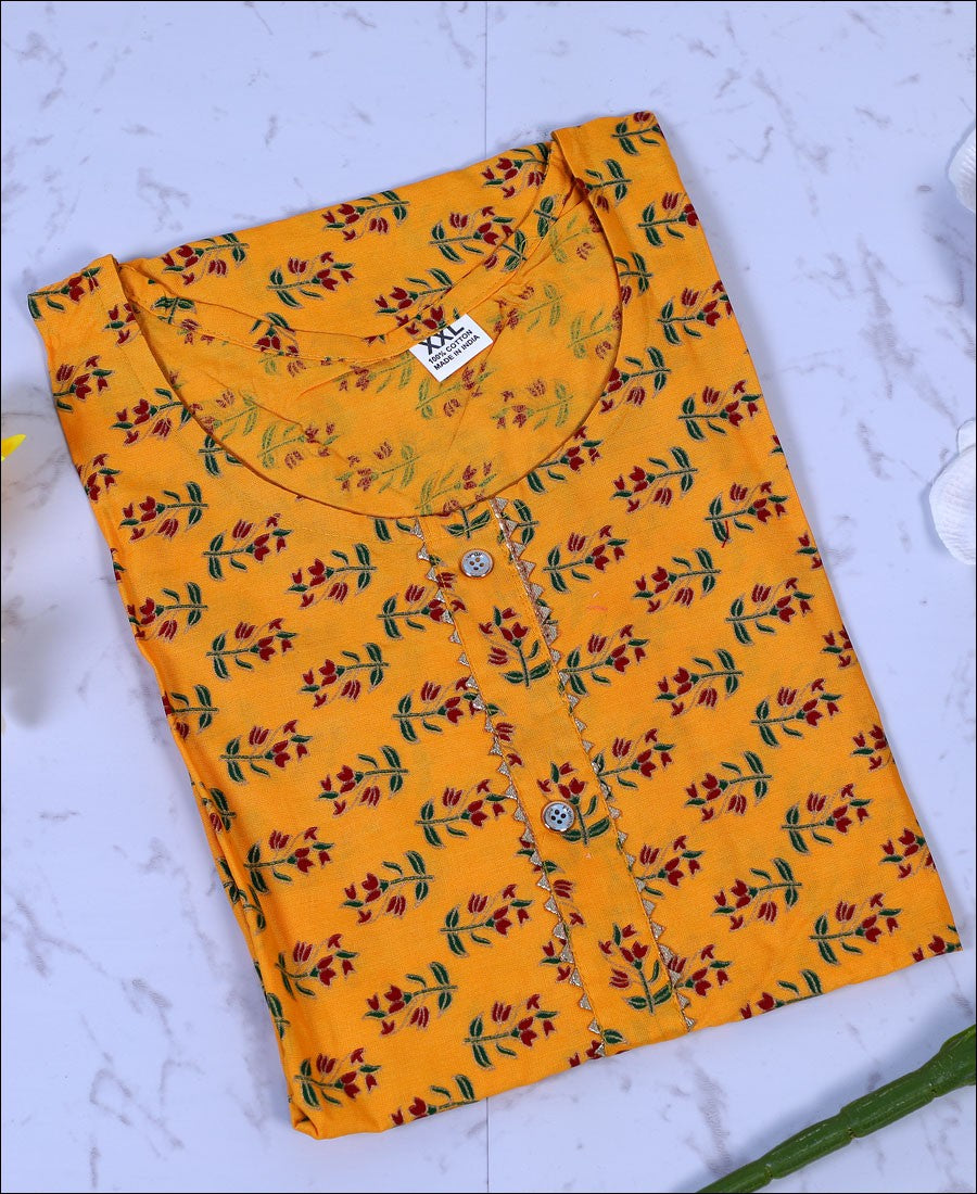 Yellow Coloured Cotton Block Print Kurti