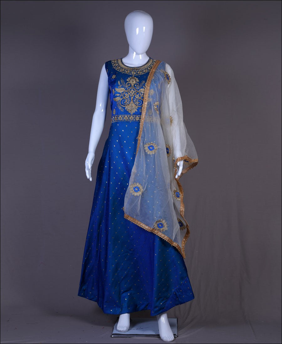 Taffeta Silk Blue Coding Embroidery Kurti Set with dupatta