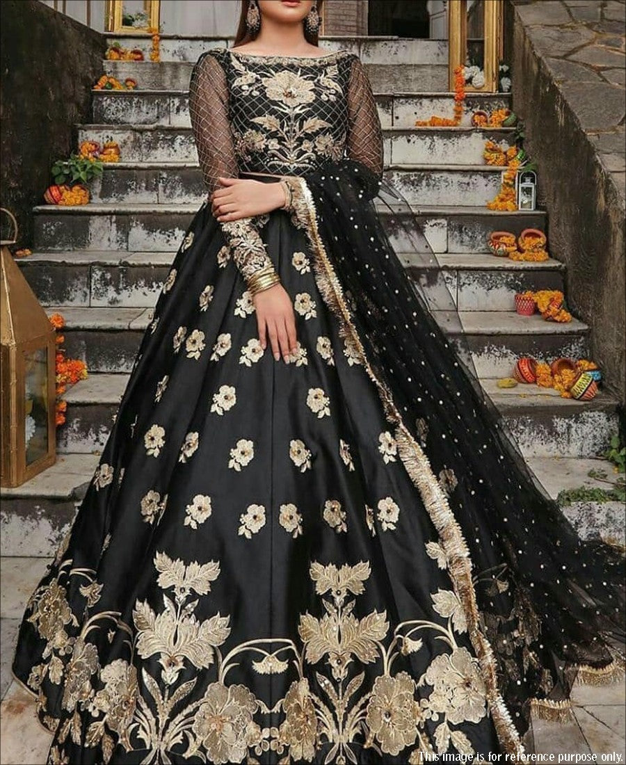 RE - Black Colored Silk Embroidered Work Lehenga Choli