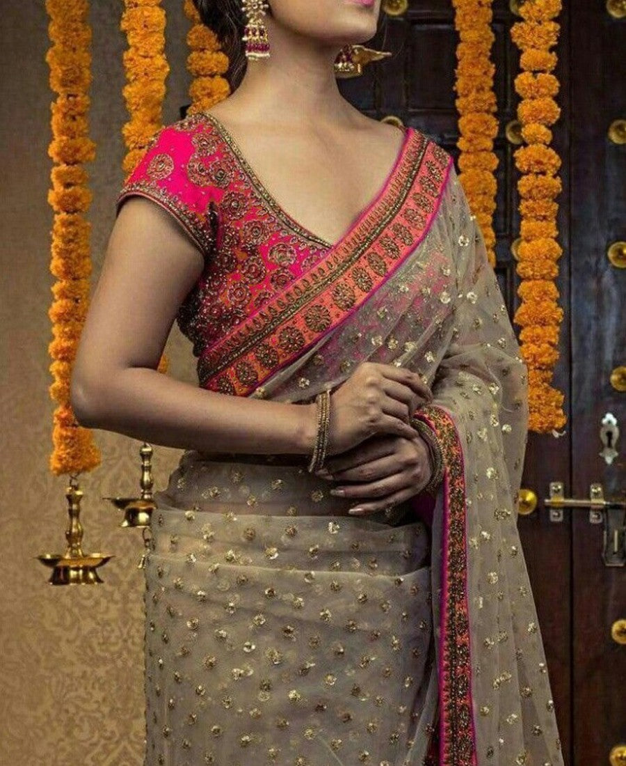 VF - Vani Beige Net Diamond Thread Work Saree