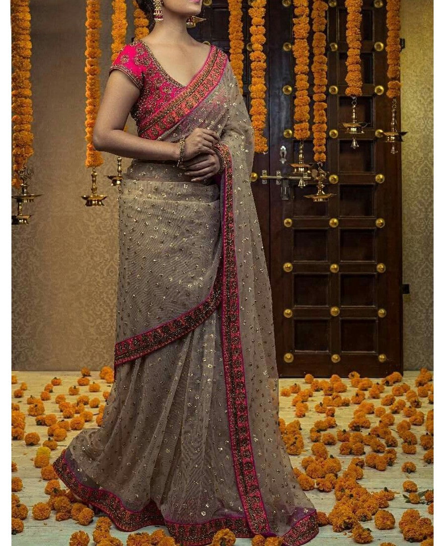 VF - Vani Beige Net Diamond Thread Work Saree