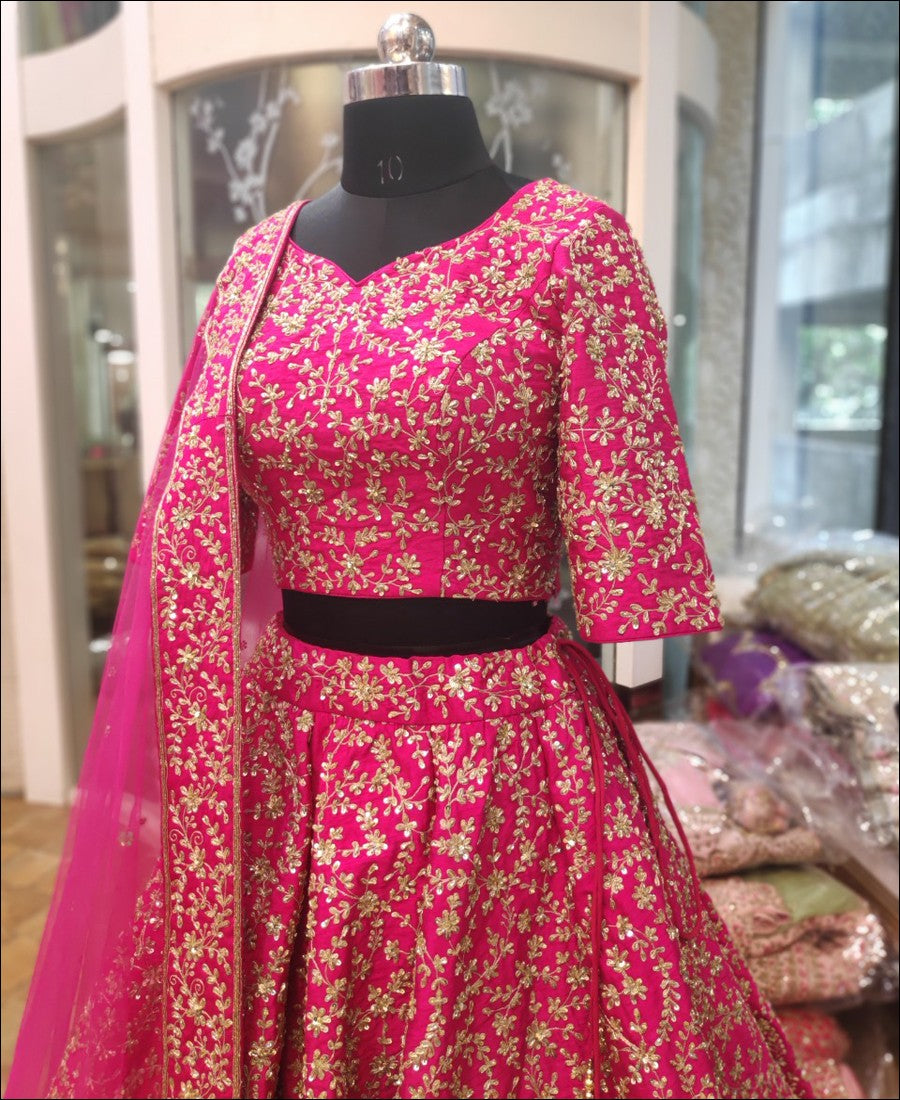 RE -  Rani Pink Colored Barfi Silk Embroidered Work Lehenga