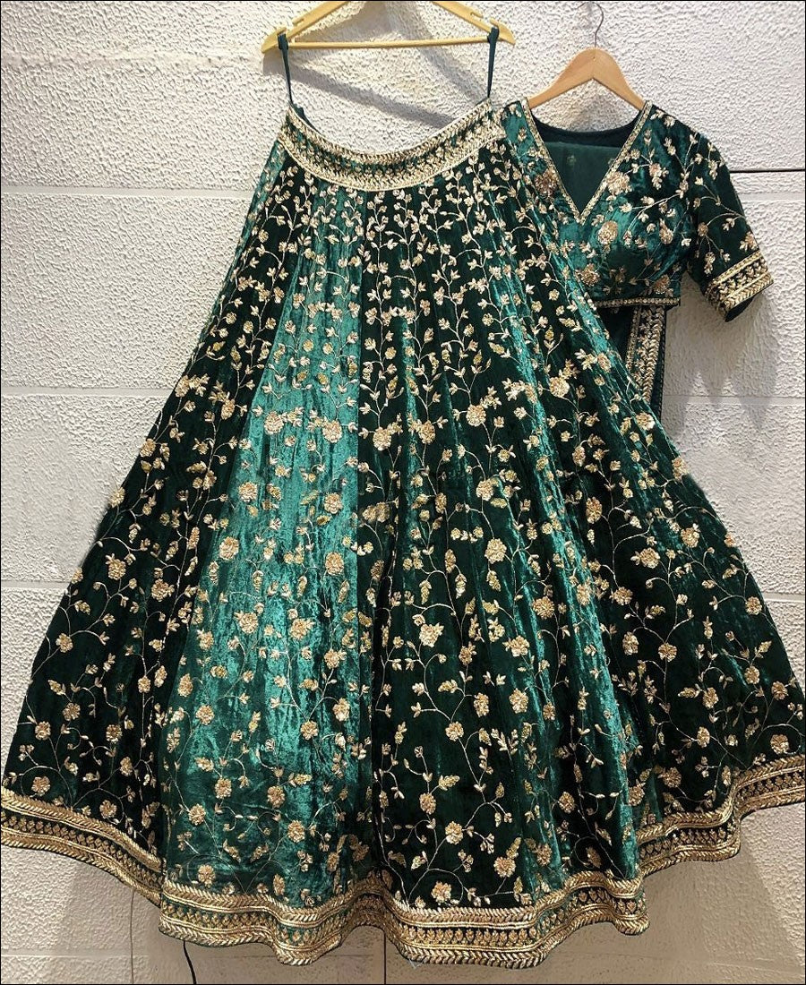 RE - Bottle Green Colored Designer Velvet Lehenga Choli