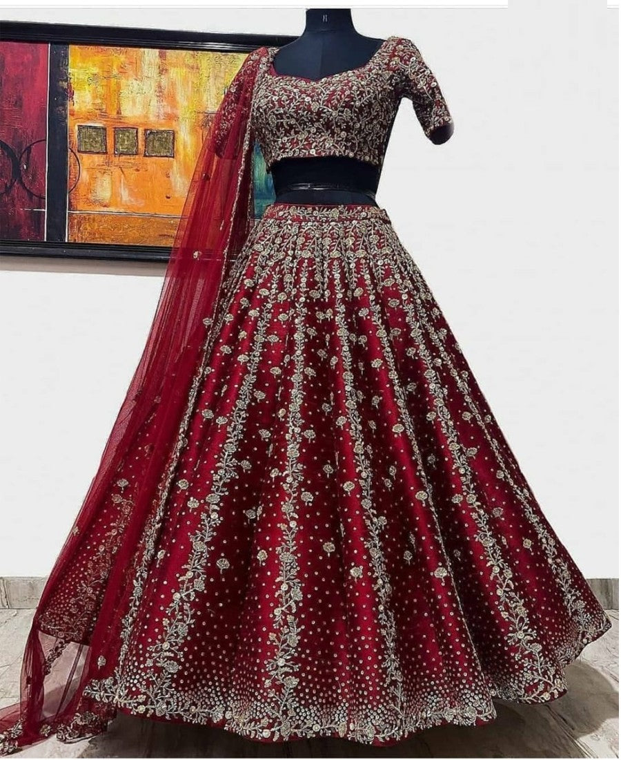 RE - Dark Maroon Silk Lehenga Choli